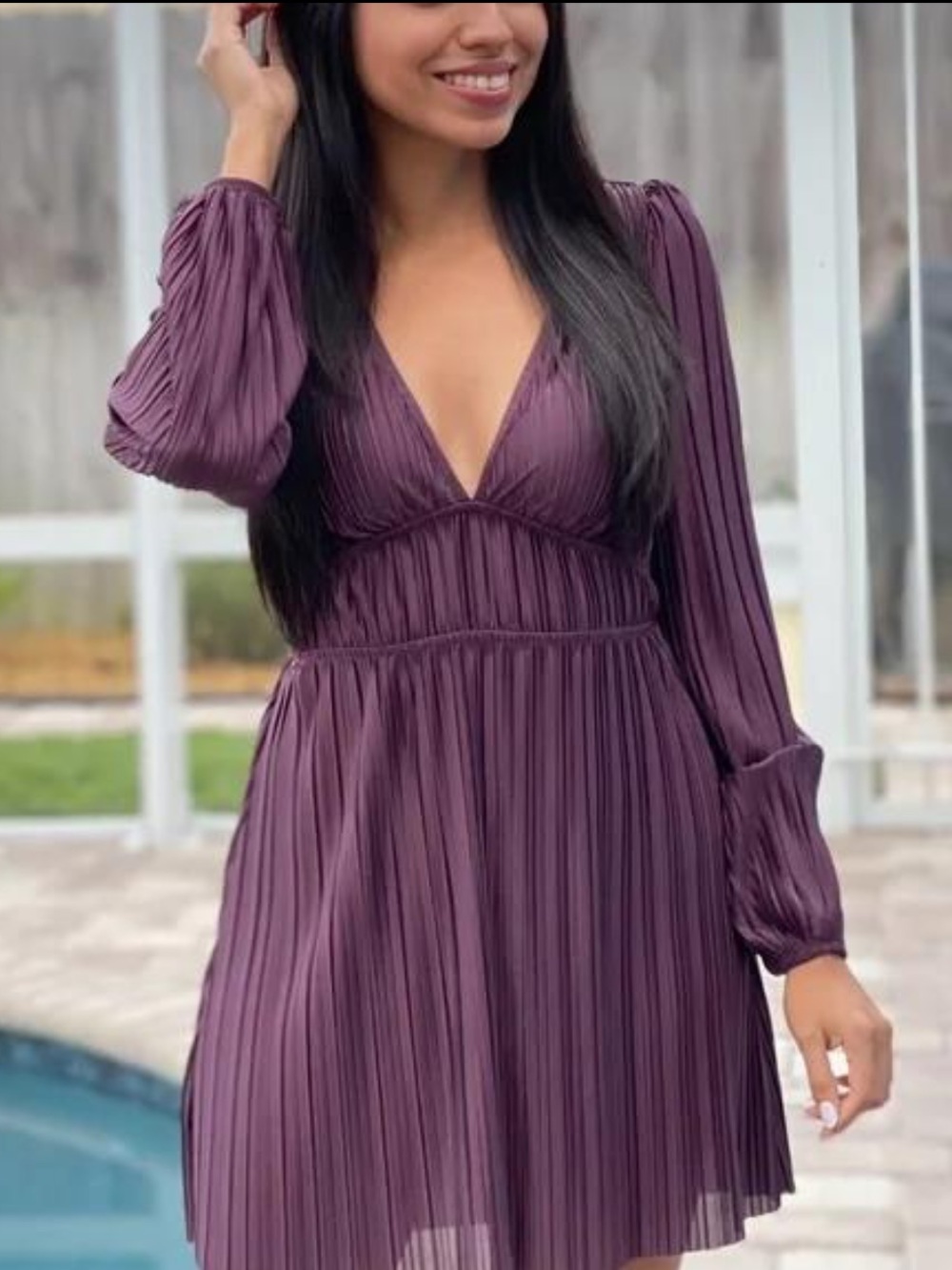 Zara Pleated Plum Mini Dress Long Sleeve V-Neck NWOT Size S